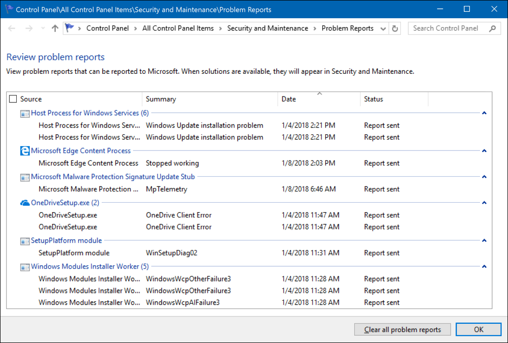 Screenshot of the "Review problem reports" tool in Control Panel.