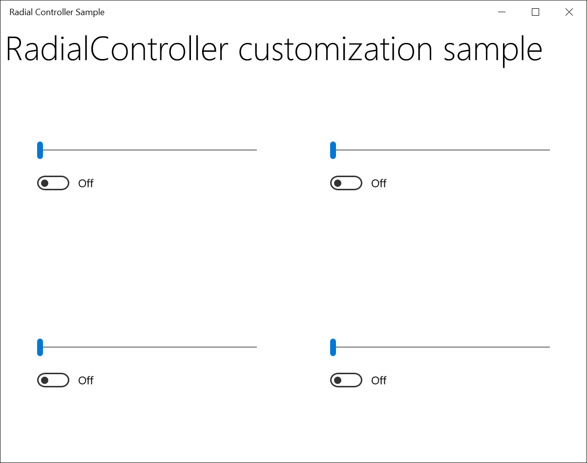 Cuplikan layar Sampel Pengontrol Radial dengan empat slider horizontal diatur ke kiri.