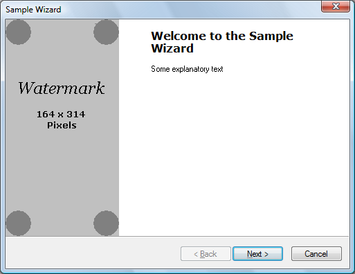 cuplikan layar memperlihatkan halaman wizard dengan grafik di sebelah kiri, judul dan teks isi di sebelah kanan, serta tombol kembali, berikutnya, dan batalkan di bagian bawah