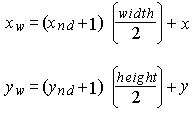Persamaan memperlihatkan komputasi koordinat jendela.