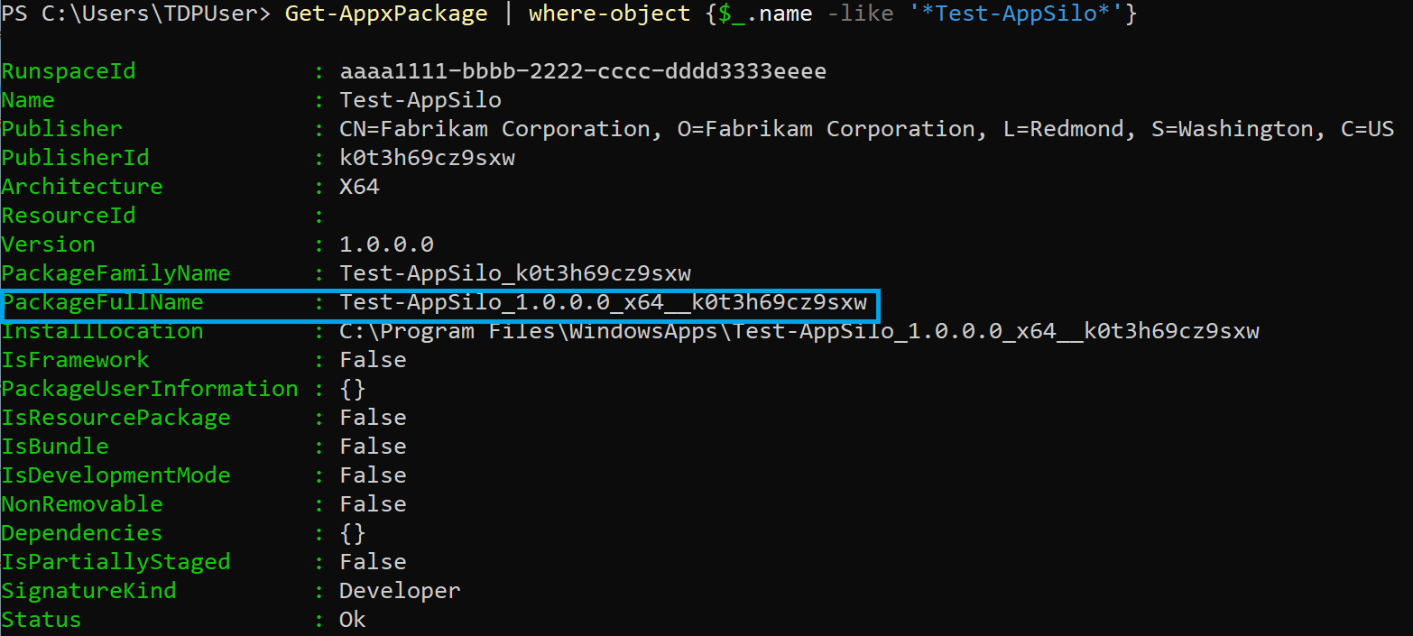 Cuplikan layar memperlihatkan output perintah Get-AppxPackage