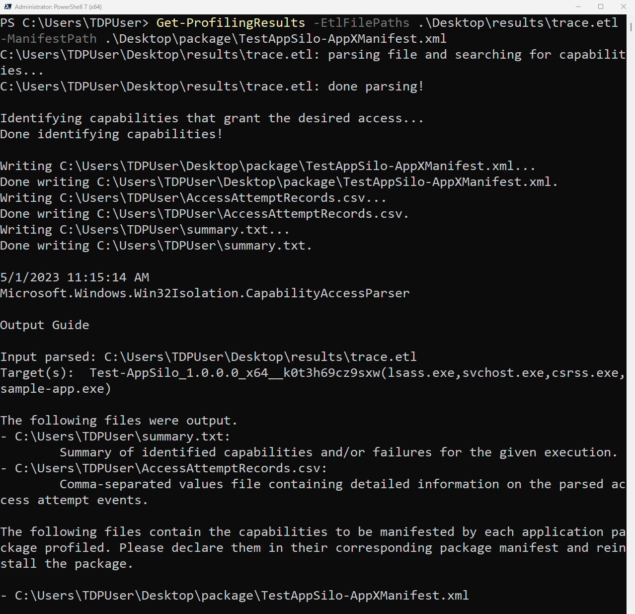 Cuplikan layar memperlihatkan jendela perintah PowerShell yang menjalankan cmdlet Get-ProfilingResults