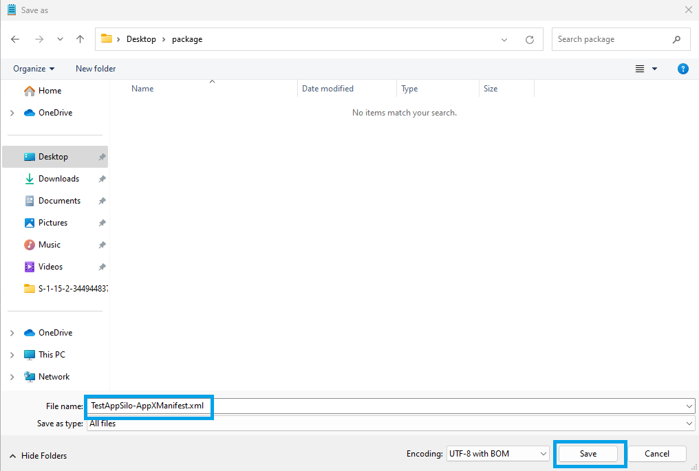 Cuplikan layar memperlihatkan file manifes yang disimpan dalam dialog penyimpanan Windows