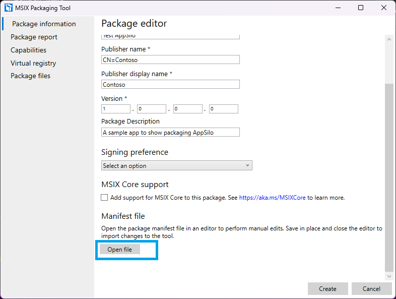 Cuplikan layar memperlihatkan bagian Informasi paket dari MSIX Packaging Tool dengan tombol Buka file disorot
