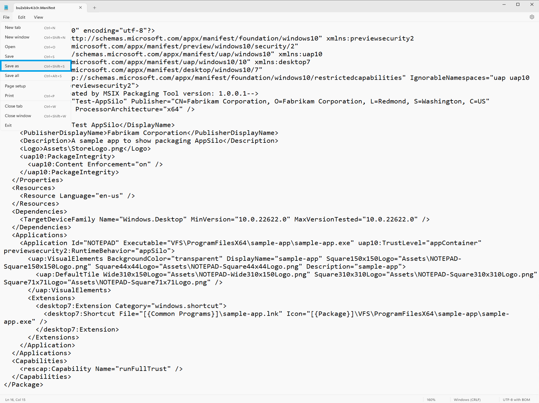 Cuplikan layar memperlihatkan file manifes yang disimpan