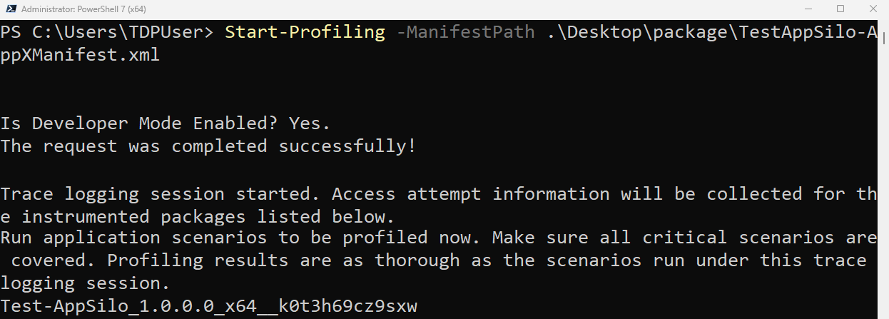 Cuplikan layar memperlihatkan jendela perintah PowerShell yang menjalankan cmdlet Start-Profiling