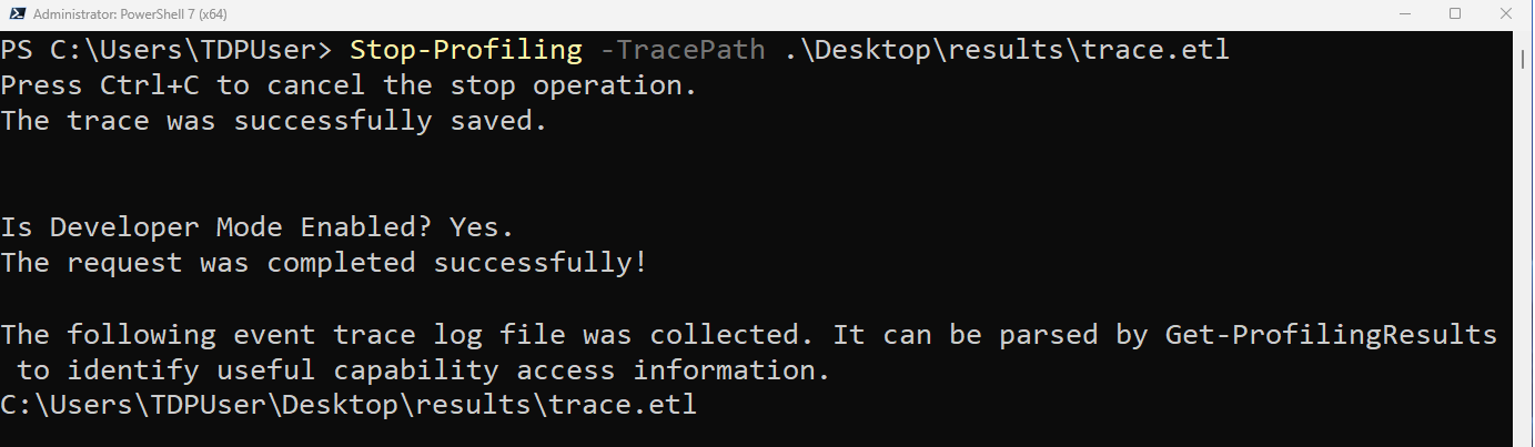 Cuplikan layar memperlihatkan jendela perintah PowerShell yang menjalankan cmdlet Stop-Profiling
