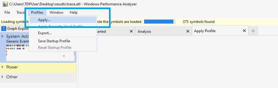 Cuplikan layar memperlihatkan Windows Penganalisis Kinerja menerapkan profil