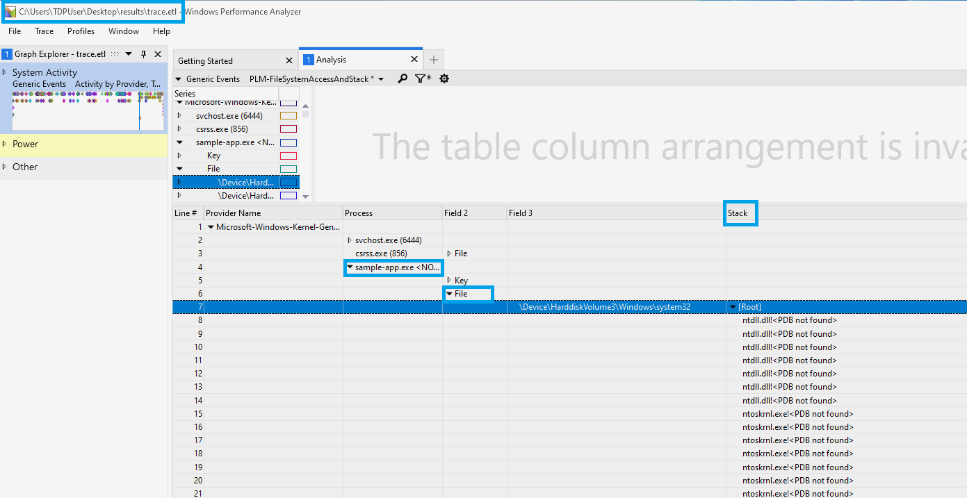 Cuplikan layar memperlihatkan Windows Penganalisis Kinerja menampilkan visualisasi tumpukan upaya akses