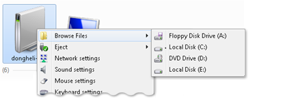 Cuplikan layar yang memperlihatkan contoh menu kaskading di folder perangkat.