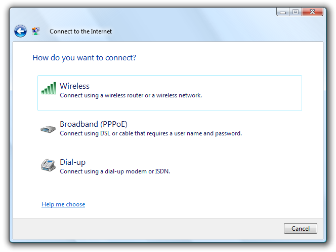 Cuplikan layar yang memperlihatkan kotak dialog 'Sambungkan ke Internet' dengan tautan perintah 'Nirkabel', 'Broadband (PPPoE)', dan 'Dial-up'.