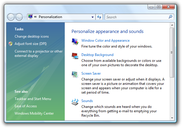 cuplikan layar item panel kontrol personalisasi 