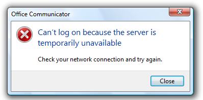Cuplikan layar yang memperlihatkan pesan 'server tidak tersedia' Office Communicator. 
