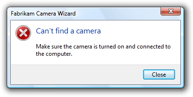 Cuplikan layar pesan: Tidak dapat menemukan kamera 