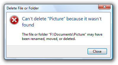 Cuplikan layar pesan: Tidak dapat menghapus file 