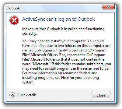 cuplikan layar pesan: activesync tidak dapat masuk 