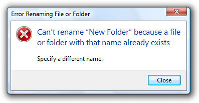 Cuplikan layar yang memperlihatkan pesan 'Tidak dapat mengganti nama folder baru'. 