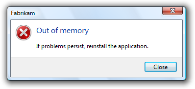 cuplikan layar pesan: kehabisan memori 