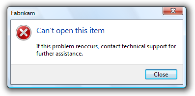 Cuplikan layar yang memperlihatkan pesan 'Tidak dapat membuka item ini'. 