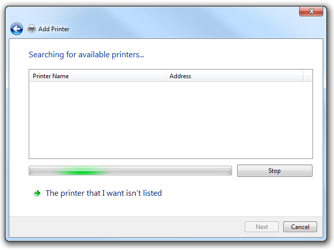 Cuplikan layar yang memperlihatkan wizard 'Tambahkan Printer' saat mencari printer yang tersedia.