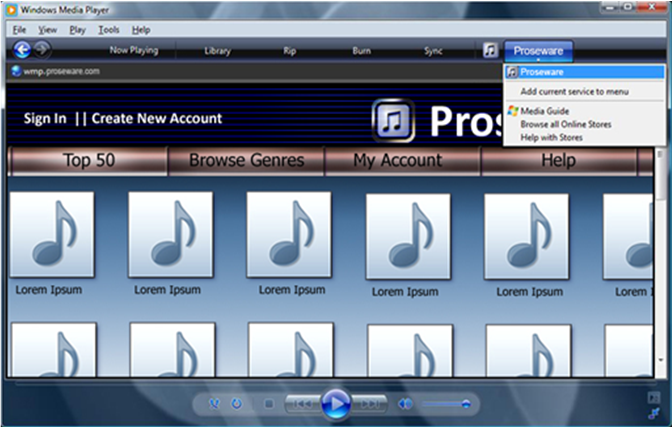 screen shot showing the store tab in windows media player 11
