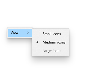 Tiga item flyout menu radio di lihat goup yang memungkinkan pengguna memilih ukuran ikon