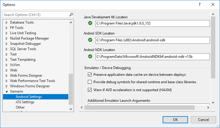 Lokasi Android SDK di Pengaturan Android Xamarin