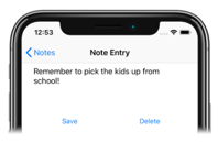 Aplikasi Xamarin.iOS dengan UI XAML Cuplikan layar memperlihatkan Entri Catatan di perangkat seluler.
