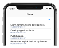Aplikasi Xamarin.iOS dengan UI XAML Cuplikan layar memperlihatkan layar Catatan di perangkat seluler.