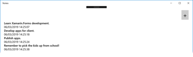 Aplikasi UWP dengan Xamarin.Forms UI XAML Cuplikan layar memperlihatkan halaman Catatan dengan catatan dan tanggal/waktu.