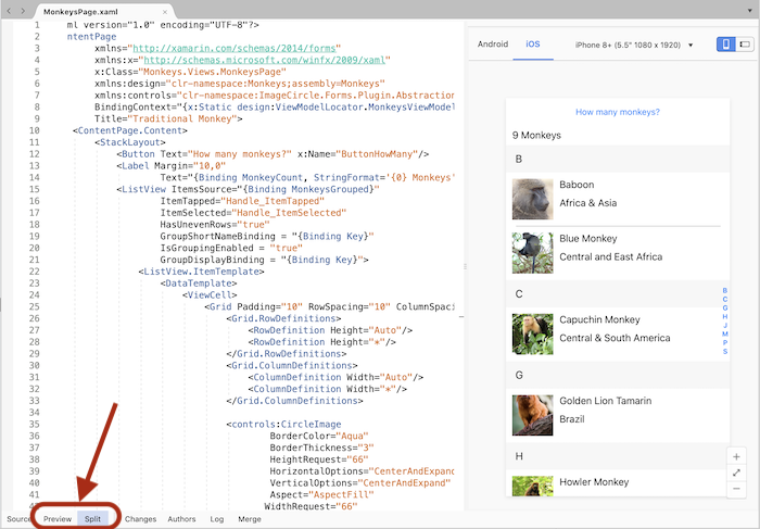 Xamarin.Forms Pratinjau diaktifkan dengan tombol pratinjau atau pisahkan