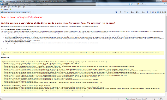 Screenshot shows server error in S Q L test application.
