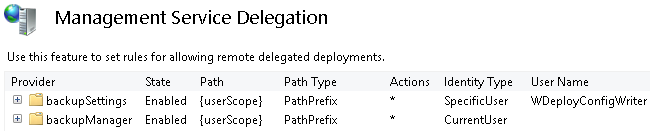 Screenshot of Management Service Delegation feature page with Backup Settings and Backup Manager.
