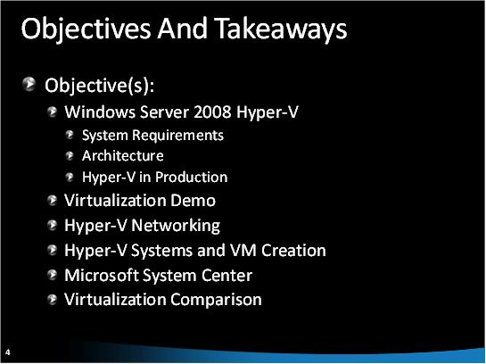 Screenshot displaying the Objectives and Takeaways outline.
