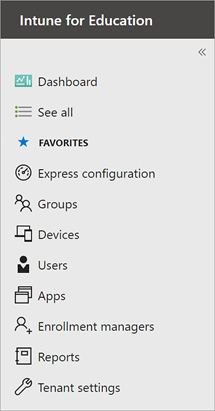 Screenshot of the Intune for Edudcation sidebar showing the Dashboard and See all options,and eight Favorites.