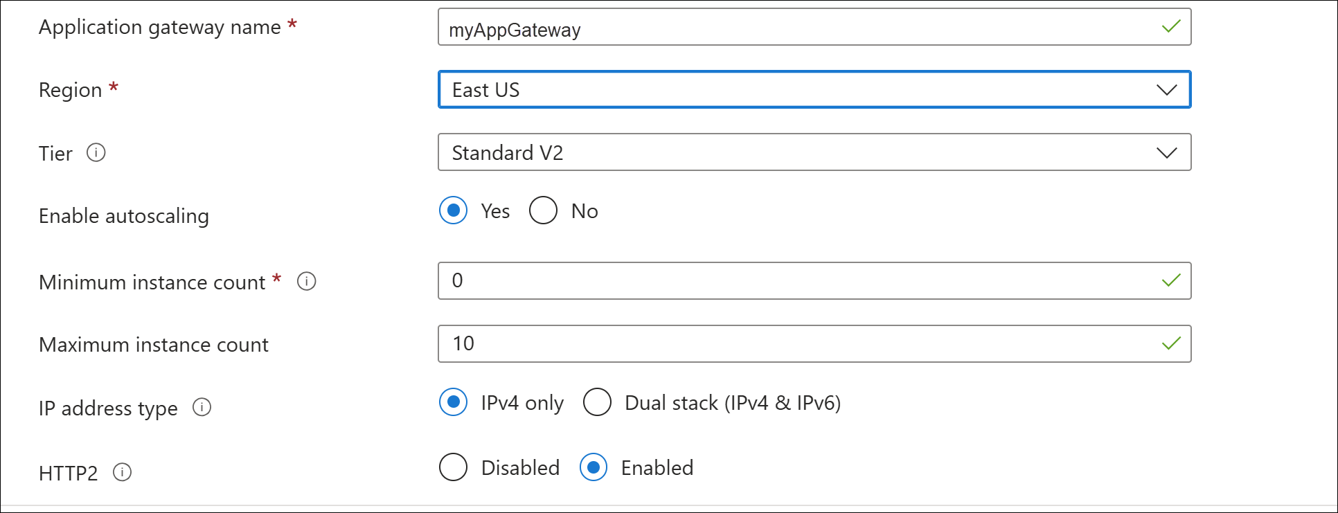 Screenshot of create new application gateway: basics.