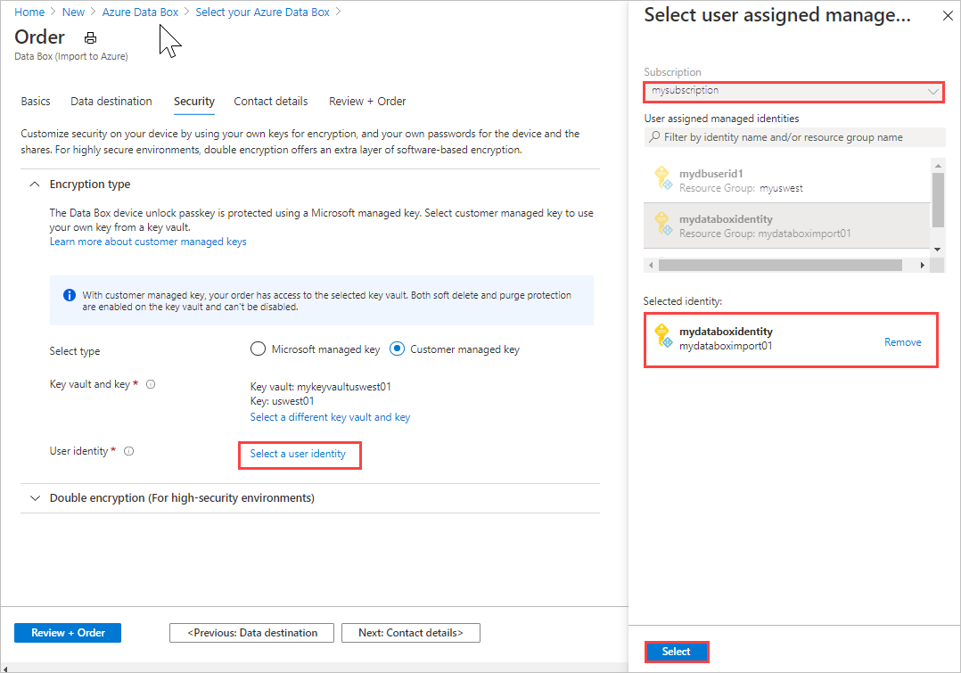Screen capture highlighting the Select User Identity link in the Data Box export order's Security tab.