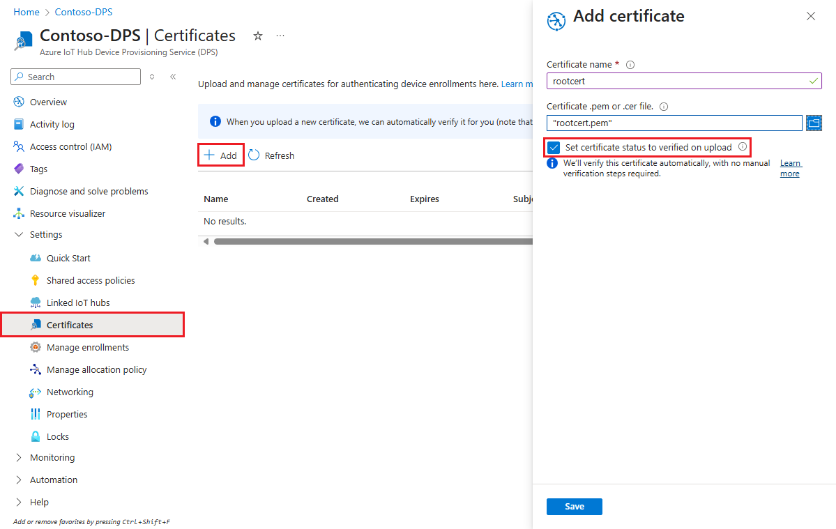 Screenshot that shows adding the root CA certificate to a DPS instance.