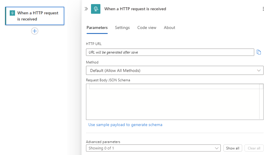 Screenshot shows information pane for the trigger named When an HTTP request is received.