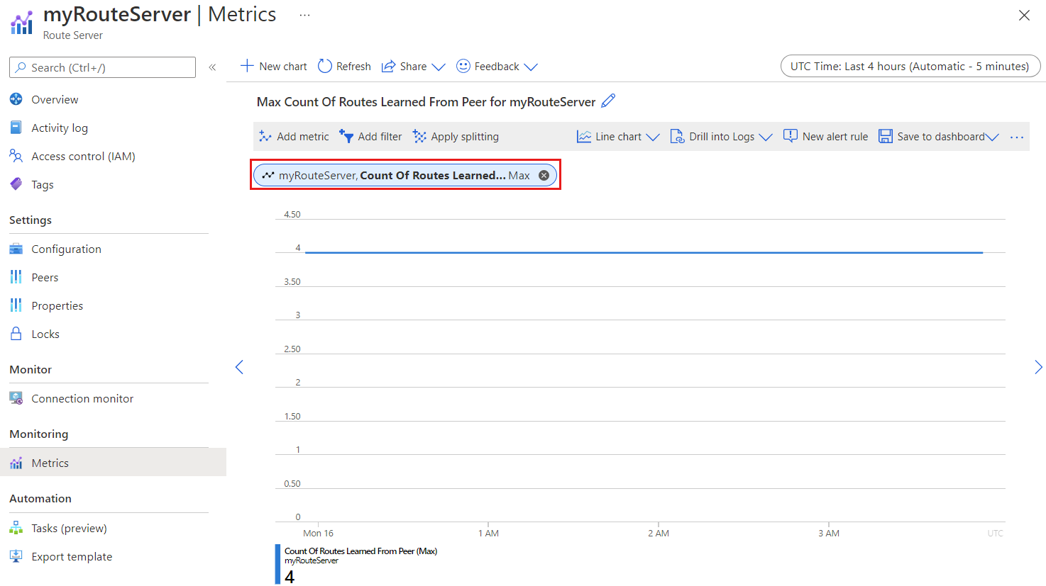 Screenshot showing count of routes learned from peers.