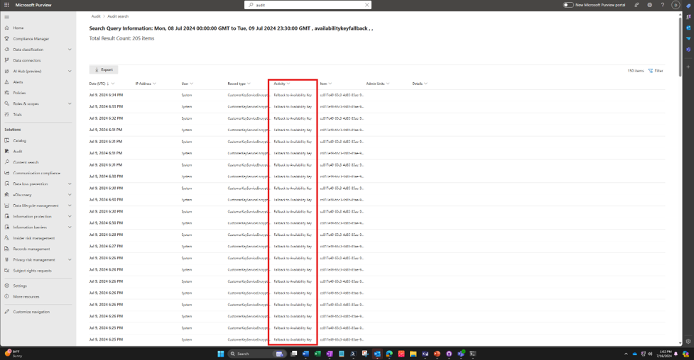 Audit log search for availability key events