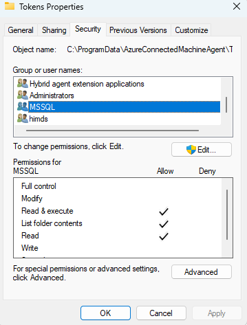 Screenshot of Tokens folder Security properties tab.