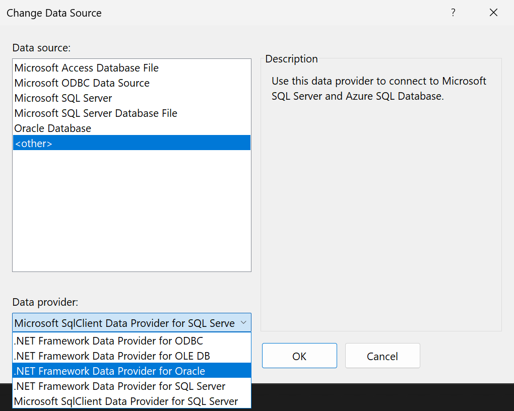 Screenshot showing how to change the ADO.NET data provider.