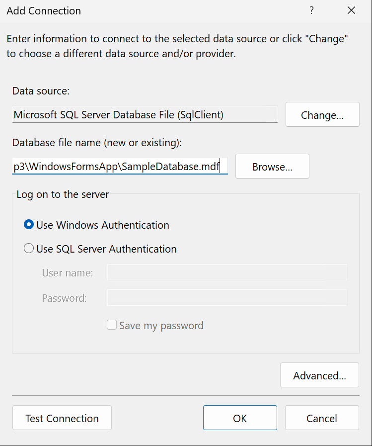 Screenshot showing Add Connection dialog box, connecting to a SQL Database file.