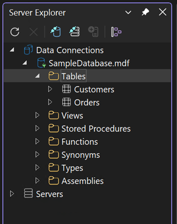 Screenshot that shows the expanded Tables node.