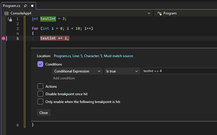 Screenshot that shows a breakpoint with a condition of Is true.