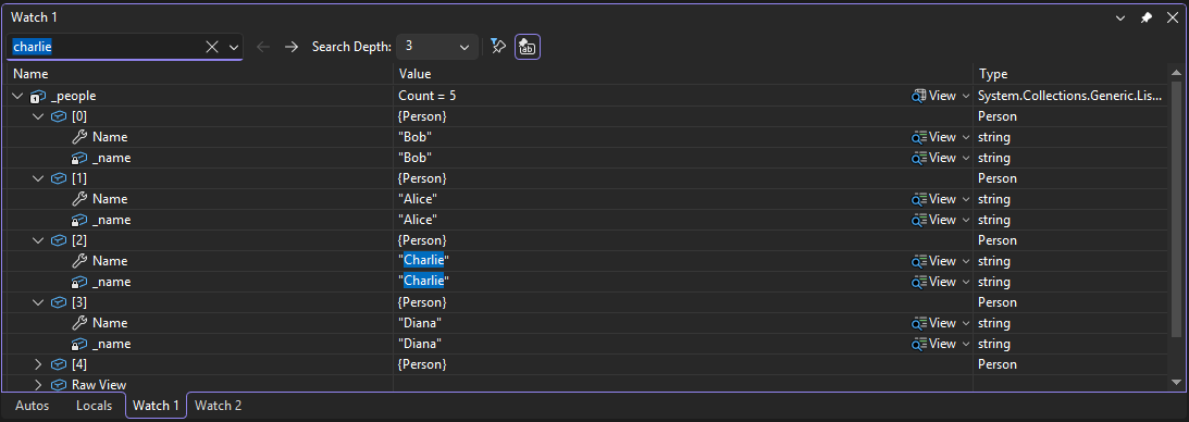 Search in Watch Window Screenshot that shows a search in the Watch window.