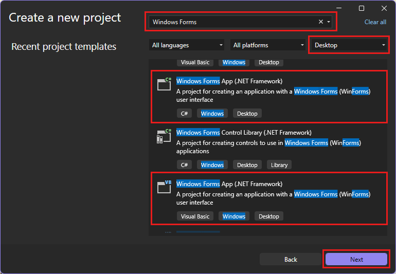 Screenshot that shows the Create a new project dialog box with the search box, the Project type list, and two templates called out.