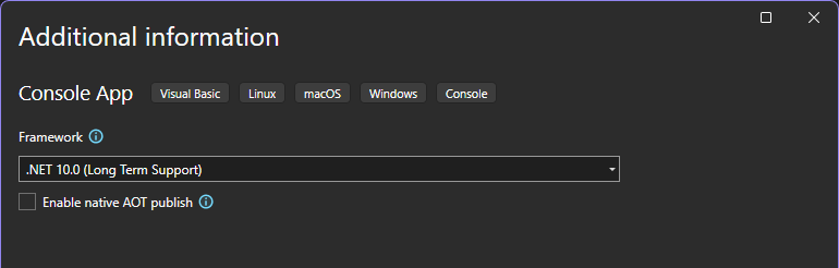 Screenshot of the Additional information window with dot NET 10.0 selected.