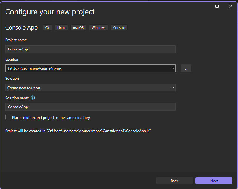 Screenshot of the 'Configure your new project' dialog box in Visual Studio.